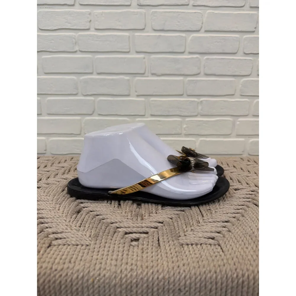 GR Collection Jelly Bow Thong Sandals Black Gold 8